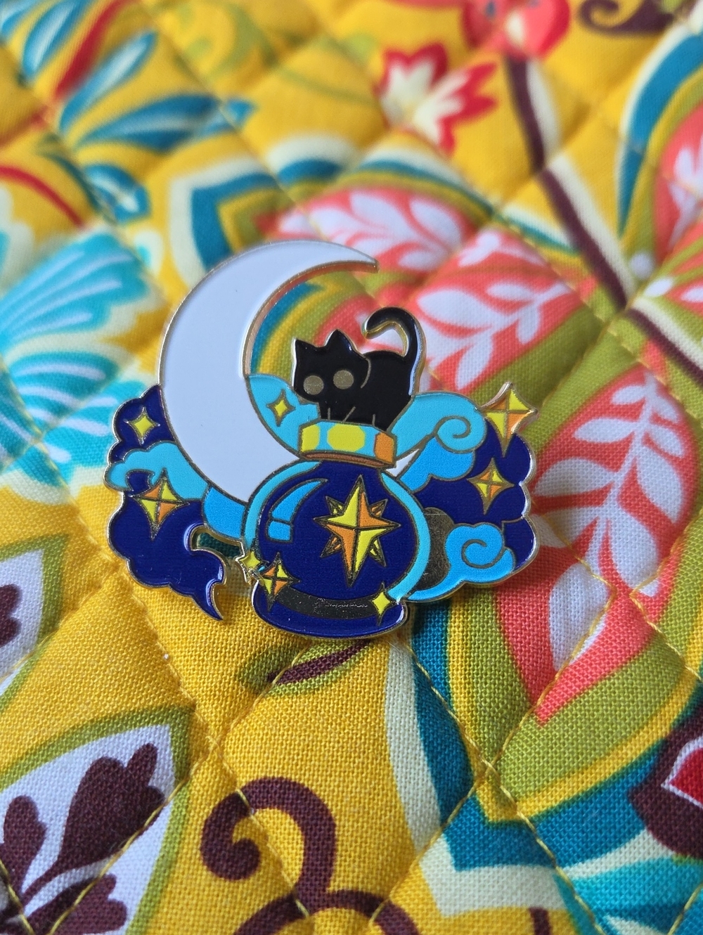 Enamel Cat & Moon Pin — Blue, Gold, White